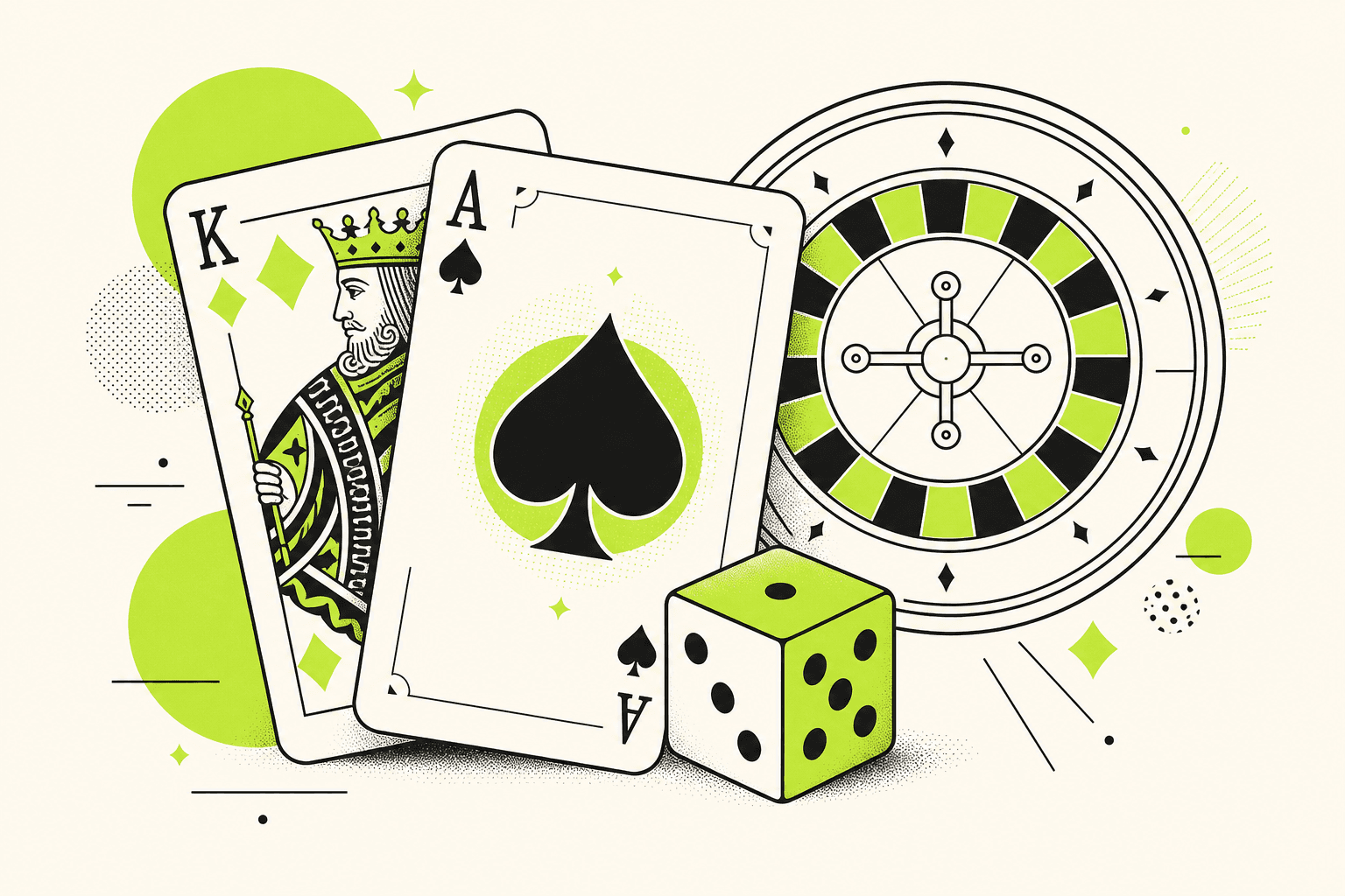 Abstract illustration of playing cards, a roulette wheel and dice